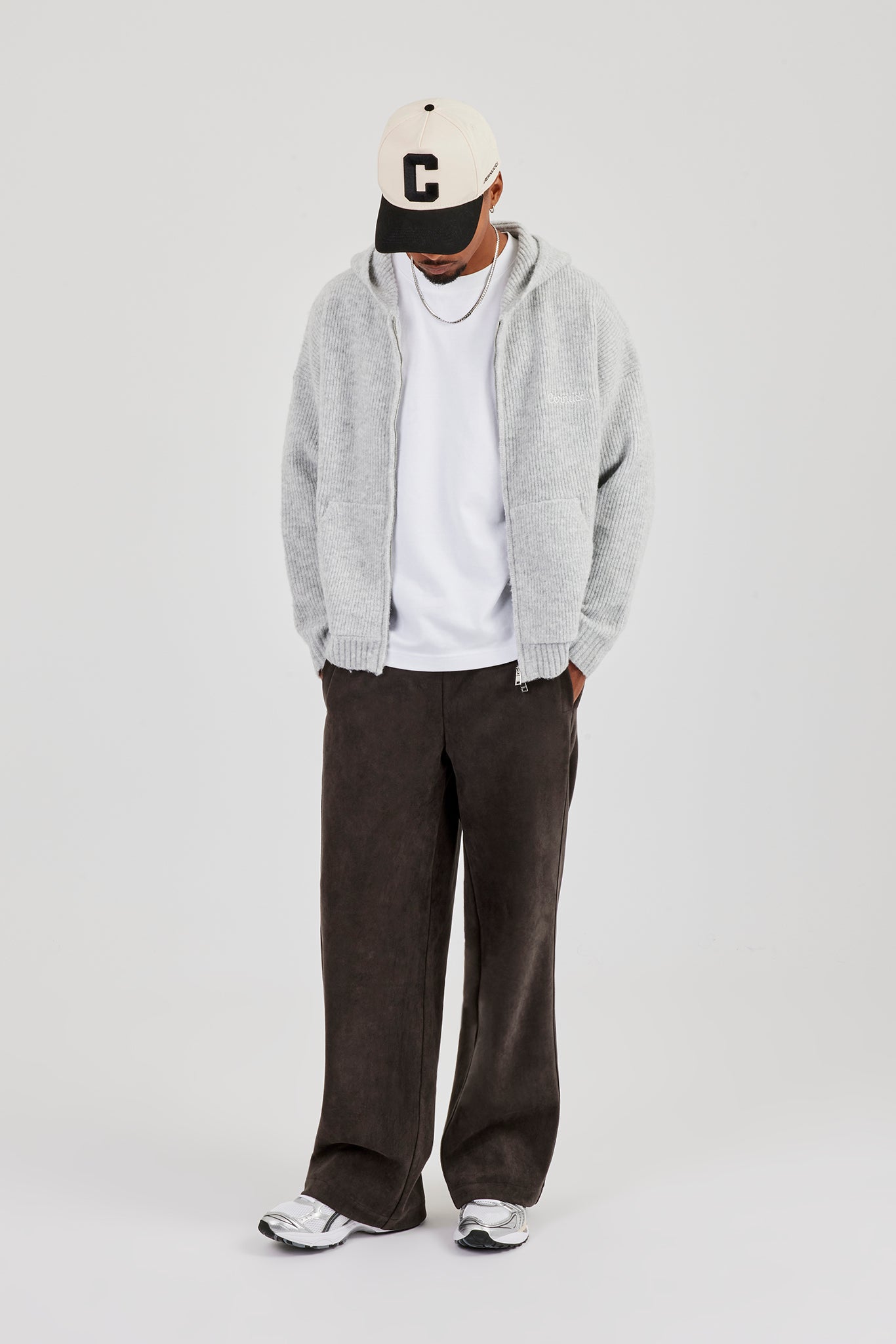 Bestickter Strick-Kapuzenpullover mit Reißverschluss - Hellgrau